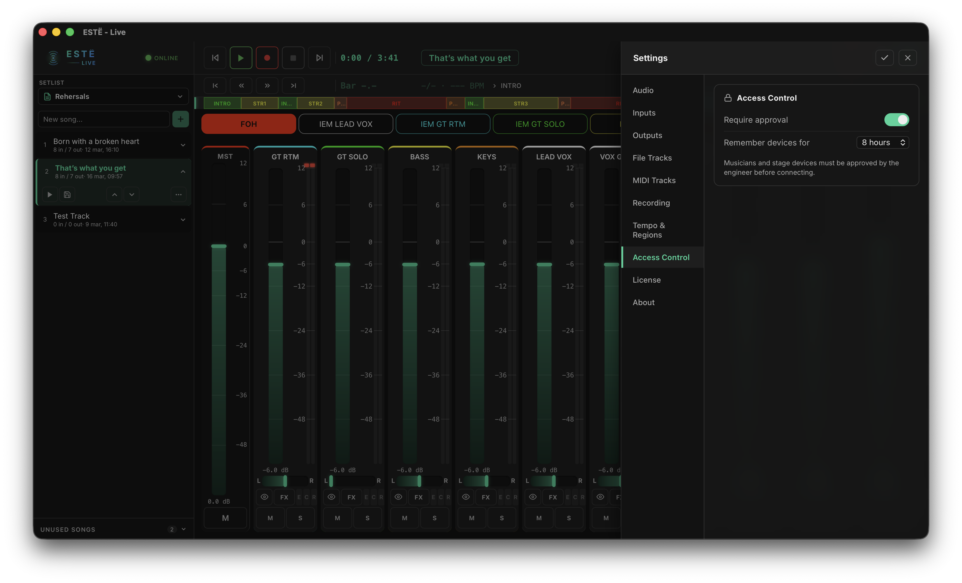 ESTË Live access control — engineer approving a musician device connection request