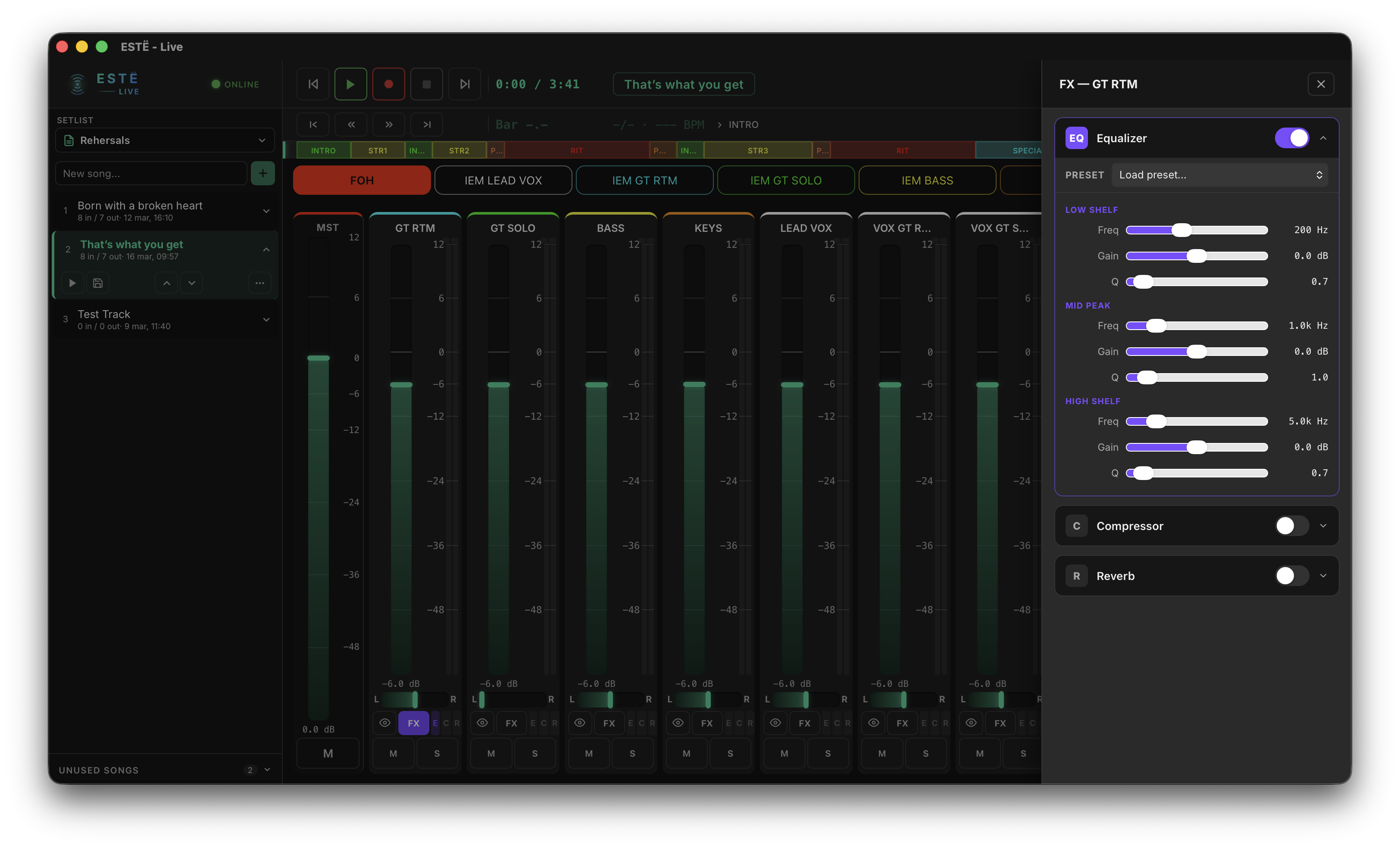 ESTË Live effects panel — parametric EQ, compressor, and reverb on a channel strip