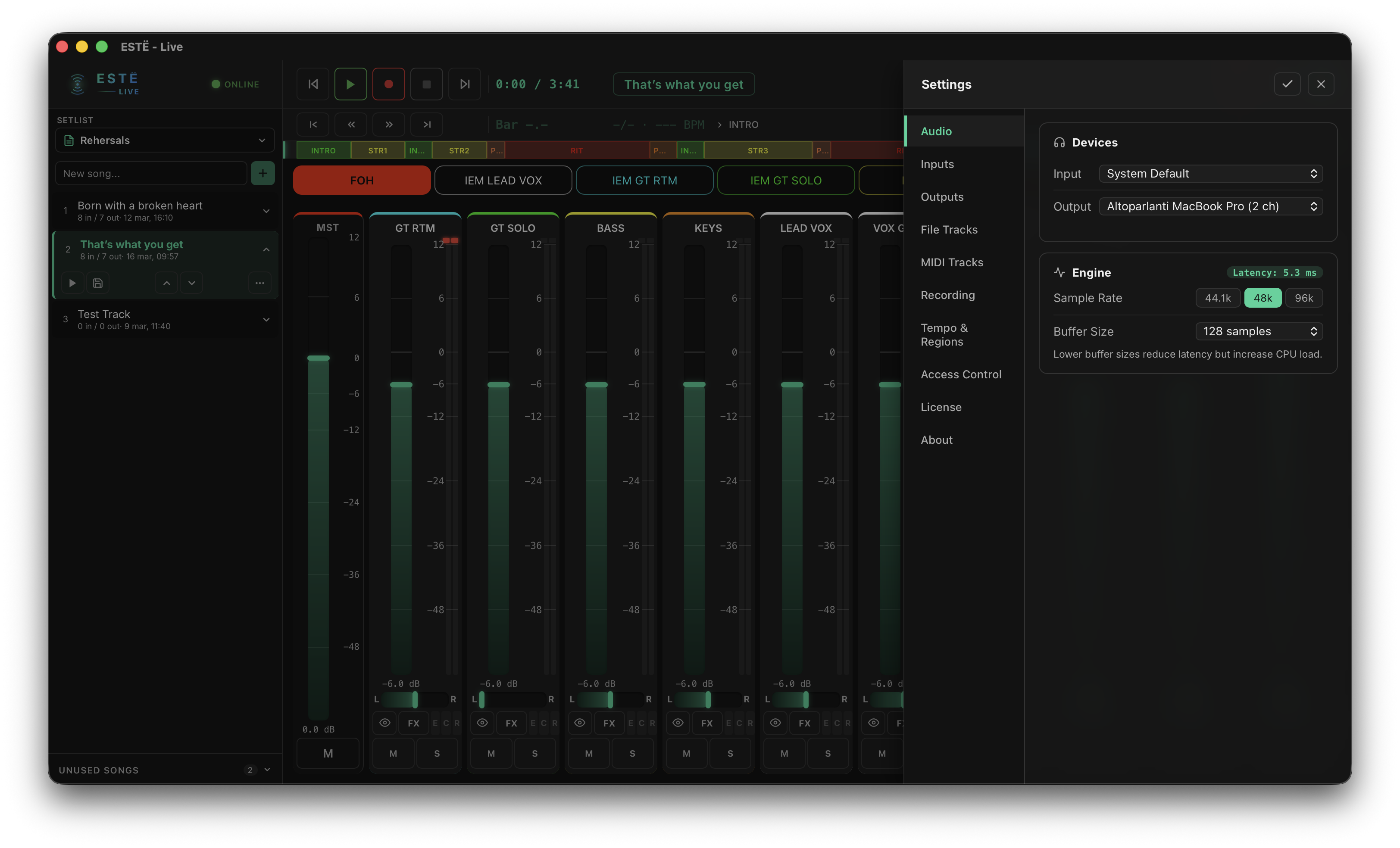 ESTË Live settings — audio device, I/O mapping, and session configuration