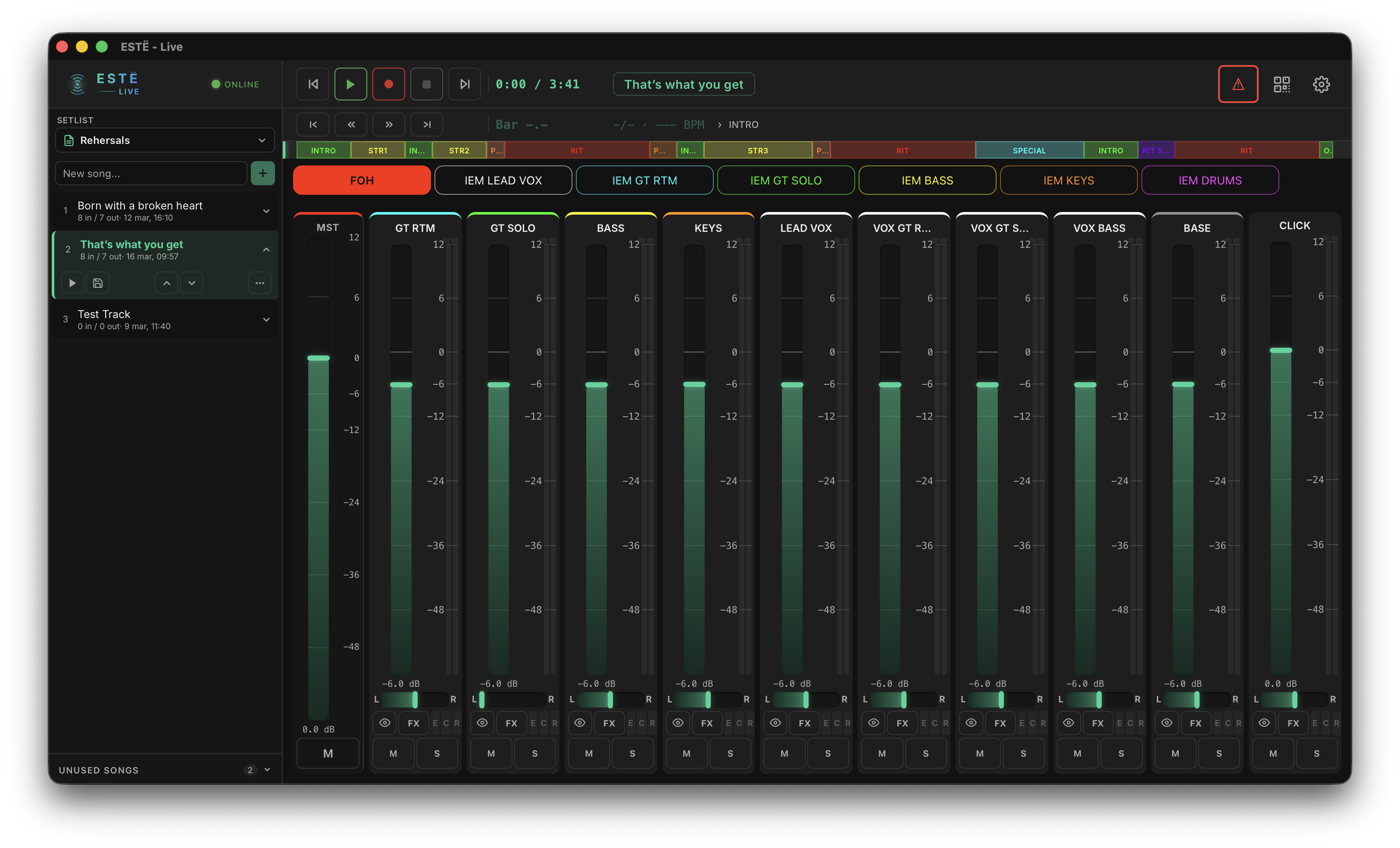 ESTË Live engineer view — mixer with channel strips, meters, faders, transport controls, and song regions