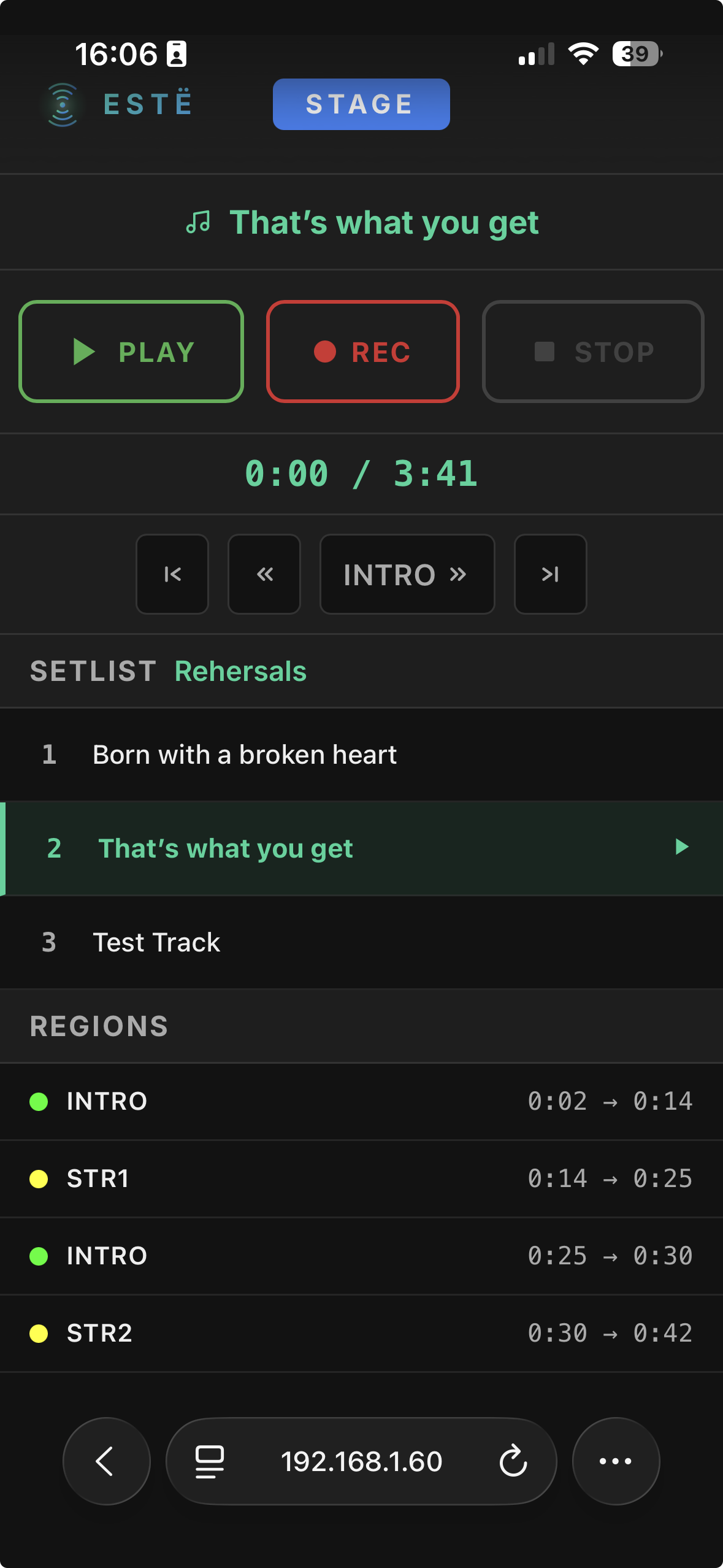 ESTË Live stage view — transport controls and song regions timeline