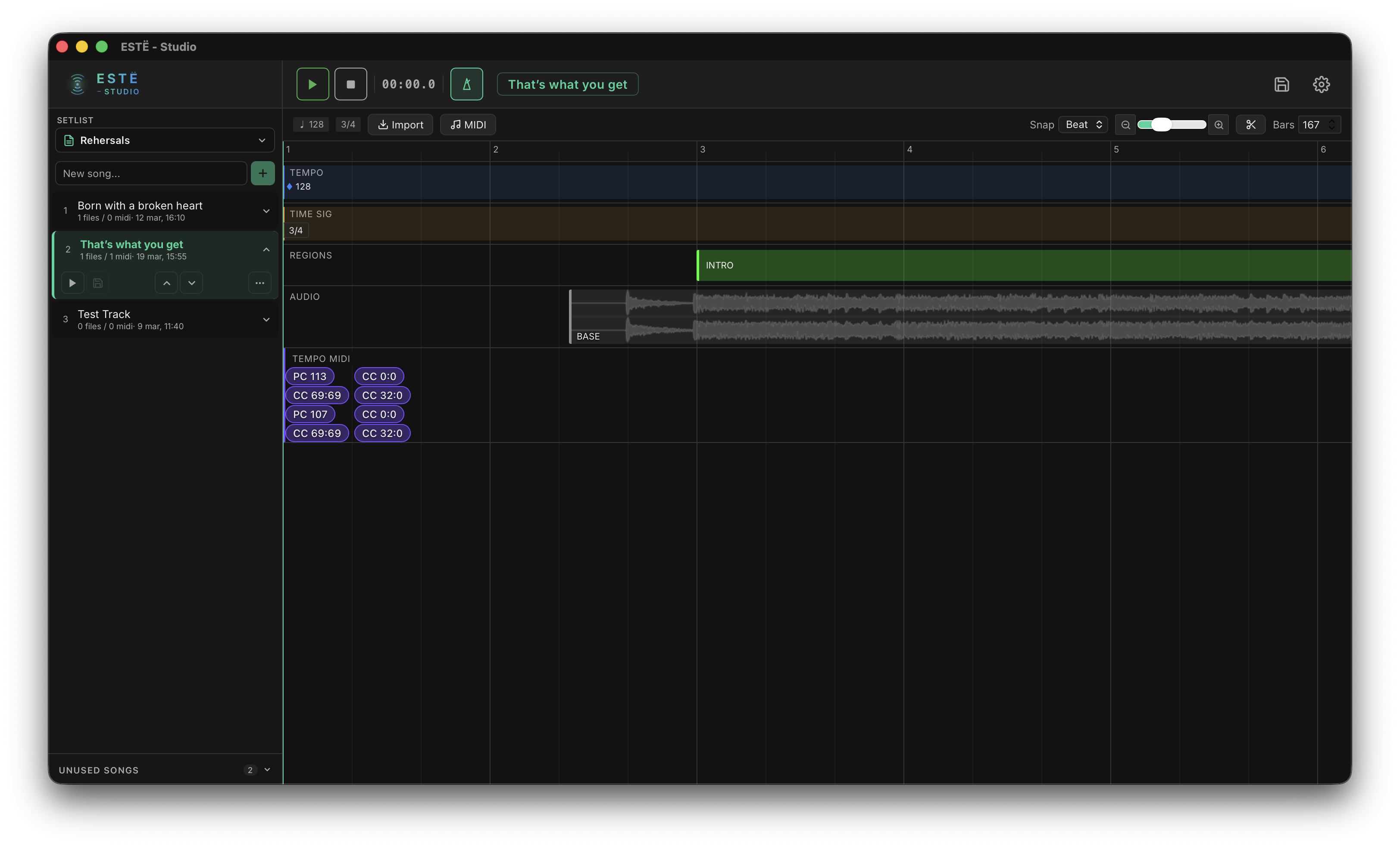 ESTË Studio — timeline editor with audio clips, tempo, regions, and MIDI tracks